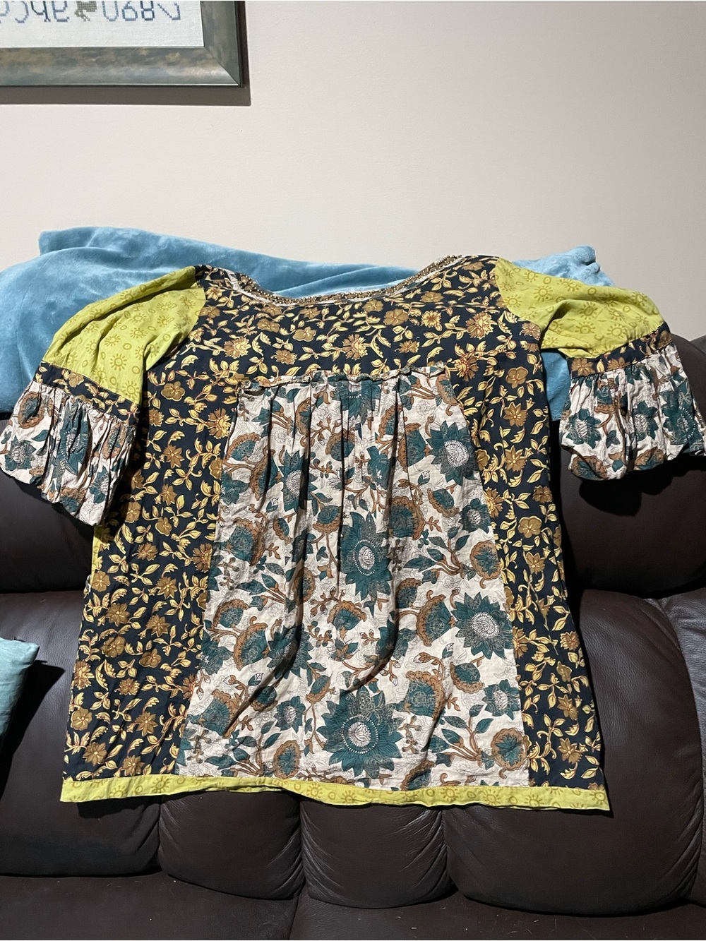 Mixed Floral Patchwork Tunic Top in Navy, Teal & Lime
